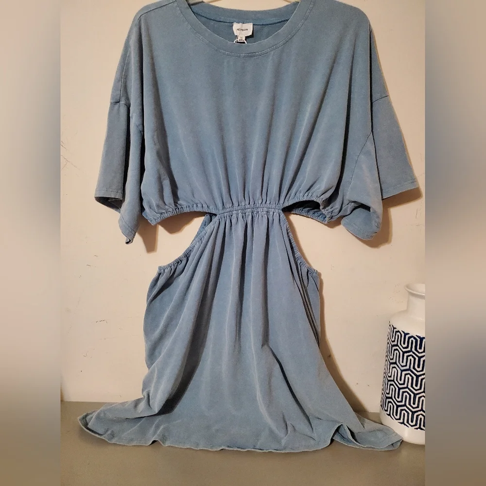 Heyson Casual Cutout Mini Dress in Dusty Blue Flirty Casual Dress Resort Summer - Picture 2 of 8